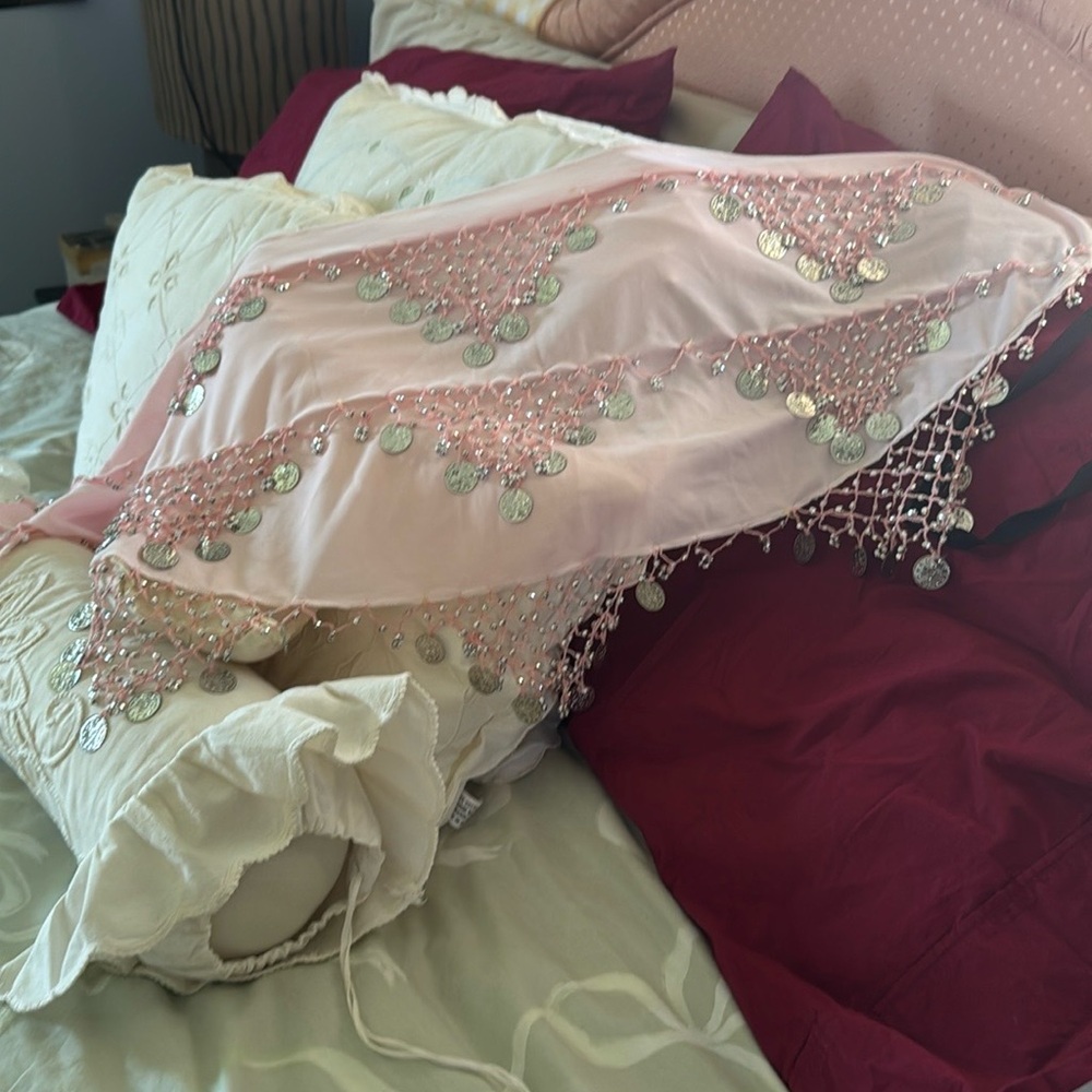 Pink and Silver Coin Fringe Scarf from Türkiye.